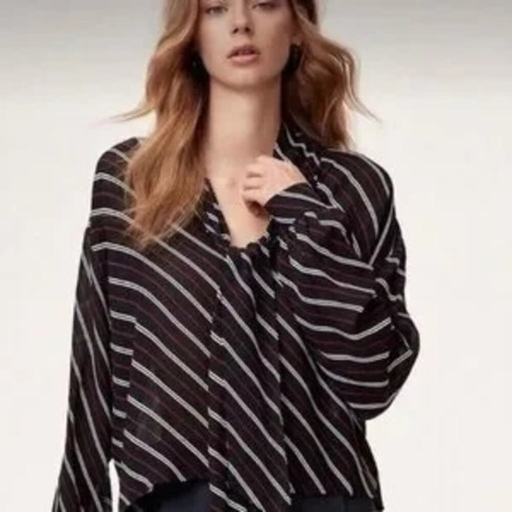 Aritzia Wilfred Perle Sheer Striped Tie Neck Blouse Medium Comfy Business Casual